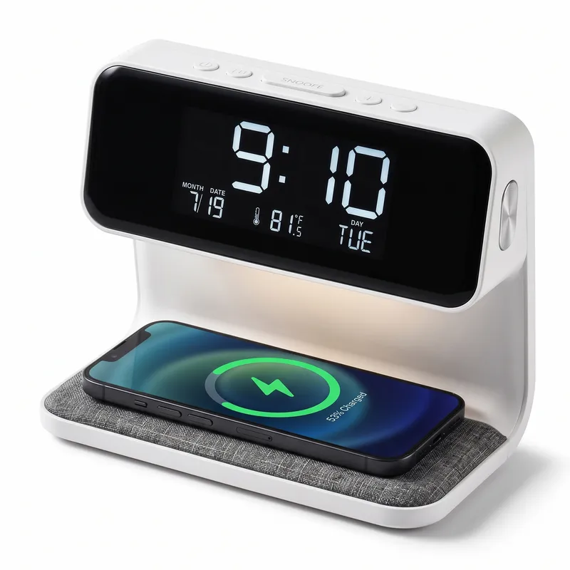 Lámpara de Mesita de Noche con Cargador Inalámbrico y Reloj Digital.